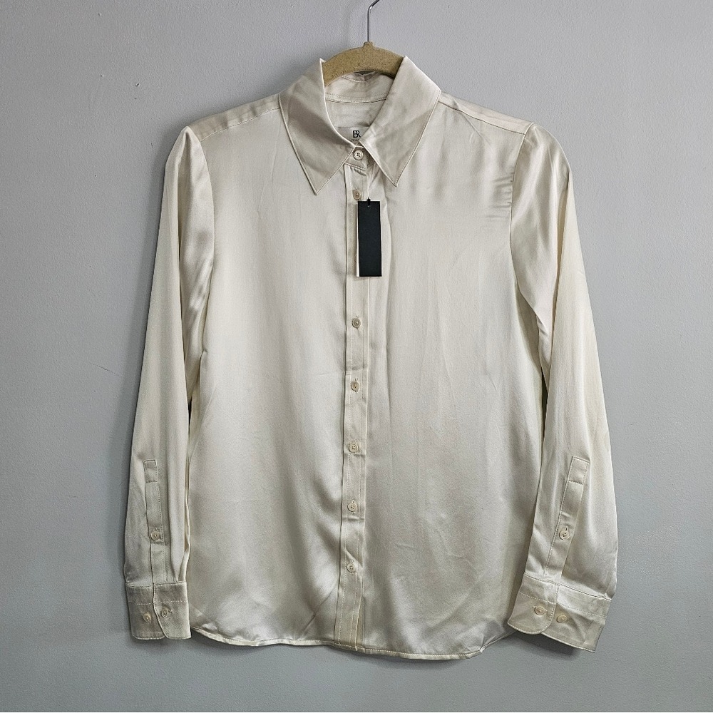 NWT Banana Republic XXS Petite Ivory Washable Silk Button Up Top Minimalist ~